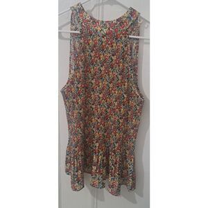 Pleione Womens Large Blouse HI Neck Ditsy Floral Red Yellow Top Pleated